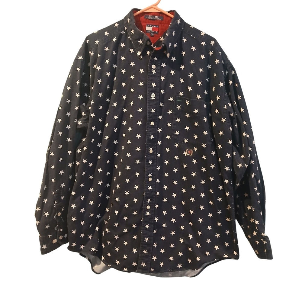 Vtg Tommy Hilfiger Men's Button Down Shirt Navy Blue All Over Print Stars XL